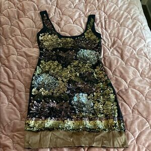 Hale Bob Gold and Brown Sequin Bodycon Mini Dress
